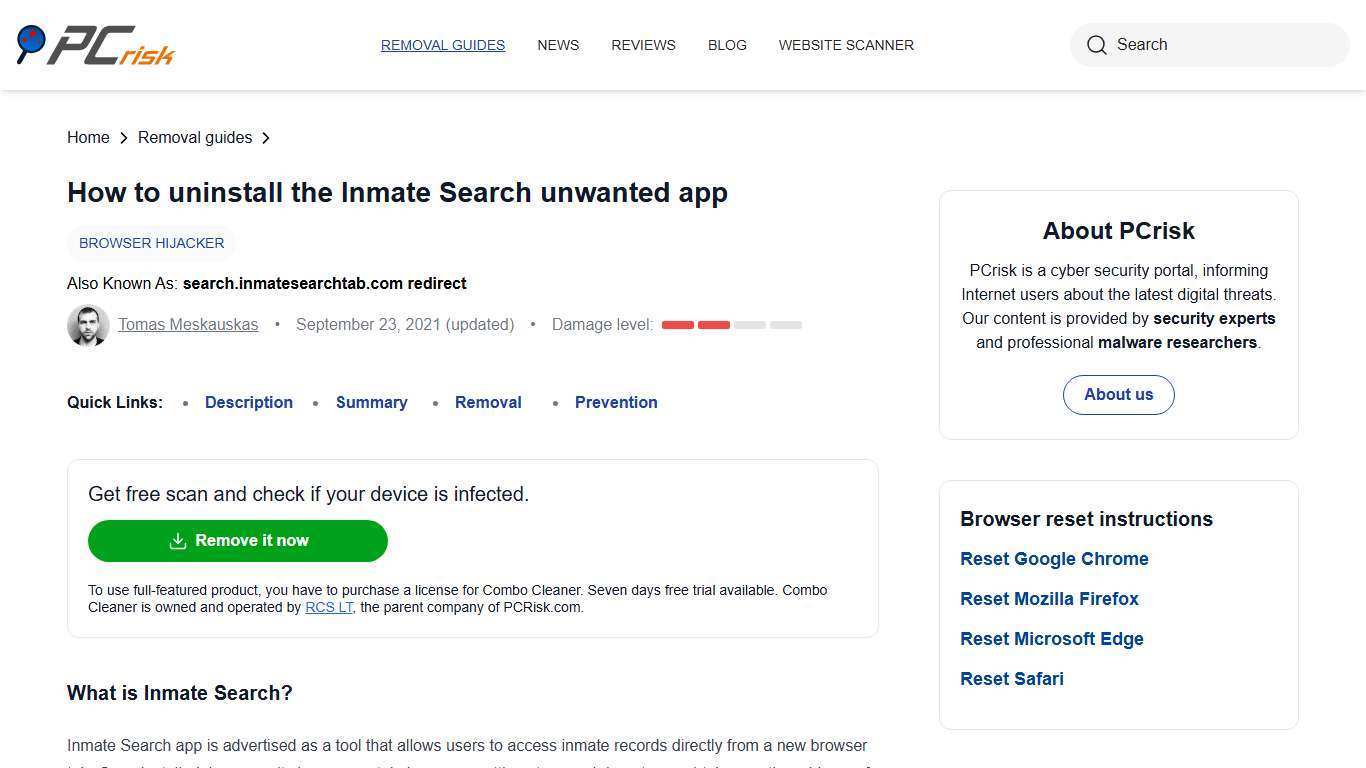 Inmate Search Browser Hijacker - Simple removal instructions, search engine fix (updated)